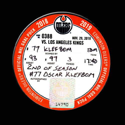 OSCAR KLEFBOM Autographed Goal Puck With CONNOR MCDAVID Assist From November 29, 2018 vs Kings