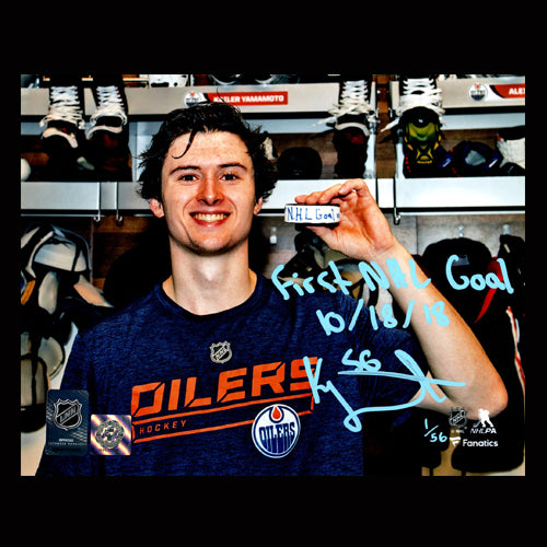 Kailer Yamamoto Edmonton Oilers Autographed & Inscribed FIRST NHL GOAL  10/18/18 Limited Edition 8x10 Photo /56