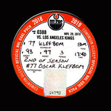 OSCAR KLEFBOM Autographed Goal Puck With CONNOR MCDAVID Assist From November 29, 2018 vs Kings