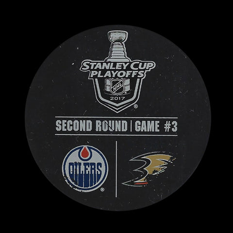 Edmonton Oilers vs Anaheim Ducks Playoff Game 3 Warm Up Used Puck April 30th, 2017