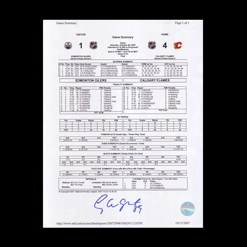 Sam Gagner Edmonton Oilers vs. Flames Autographed 1st NHL Goal Scoresheet