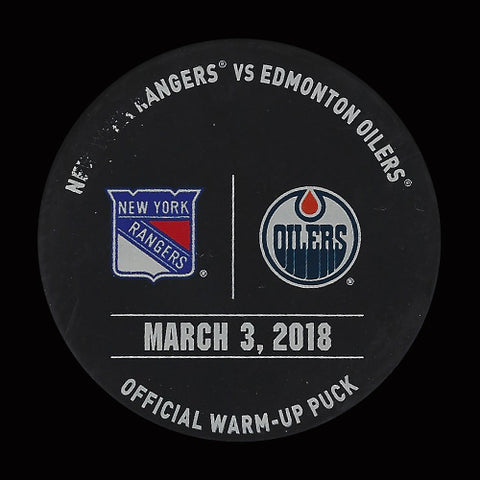 Edmonton Oilers vs New York Rangers 2017-18 Warm Up Used Puck March 3, 2018