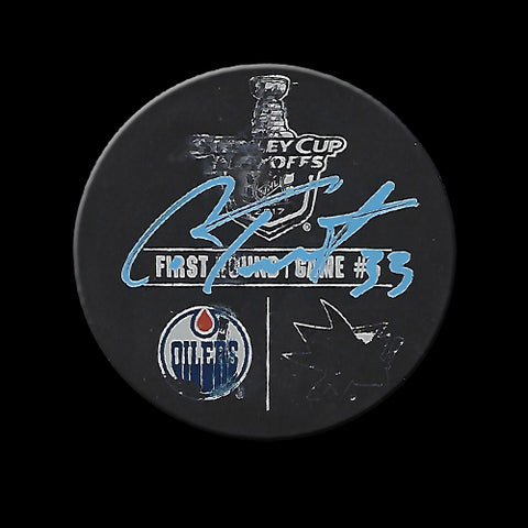 Cam Talbot Autographed Edmonton Oilers vs San Jose Sharks Playoff Game 5 Warm Up Used Puck April 17th, 2017